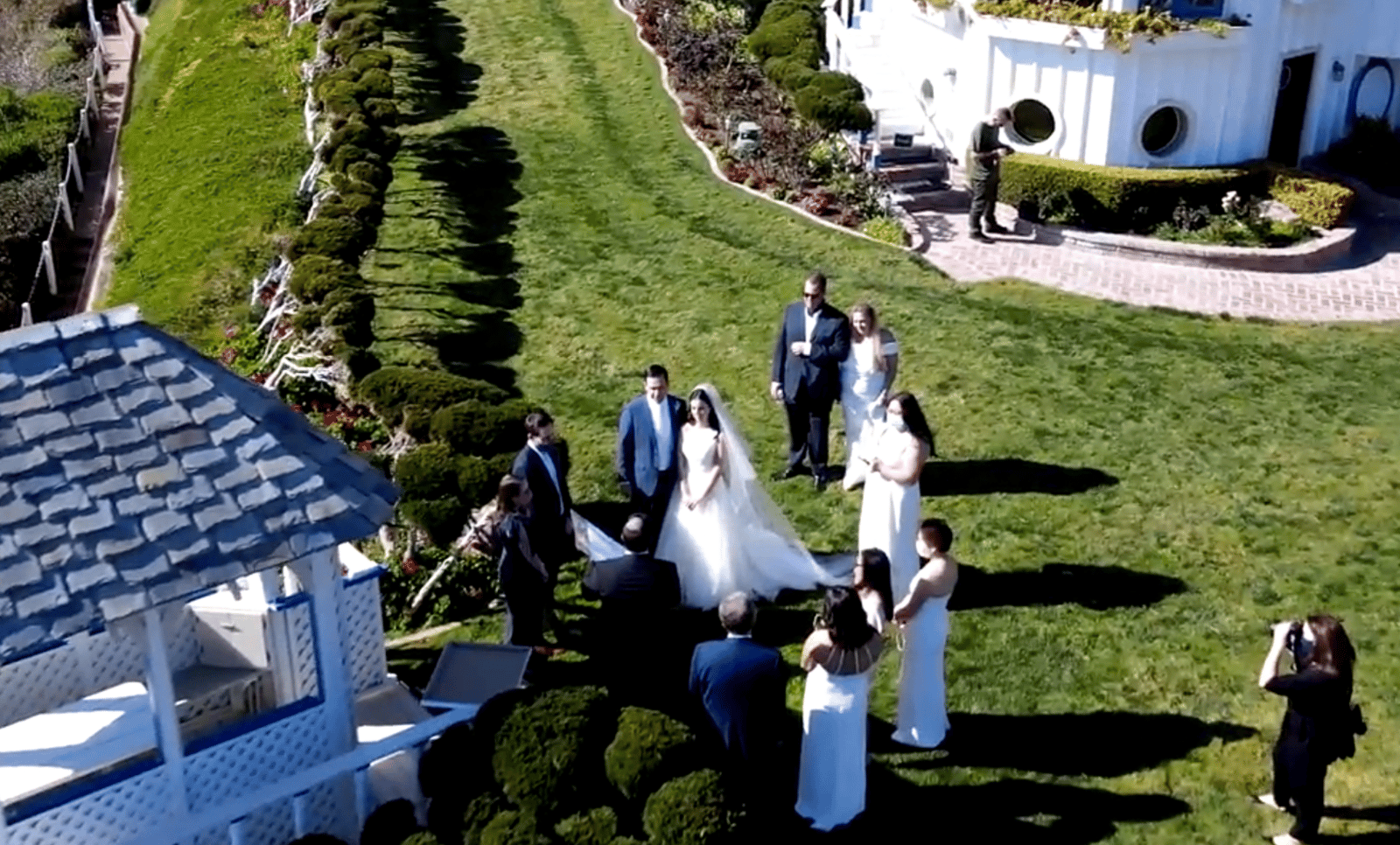 Aerial drone footage of a wedding event